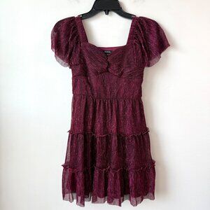 Zunie Metallic Tiered Plisse Dress Girls 10 Red Maroon Burgundy